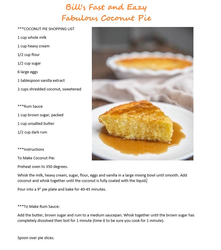 Recipe for Fabulous Coconut Pie, featuring a slice on a plate with rum sauce drizzled on top, alongside the shopping list and instructions for preparation.