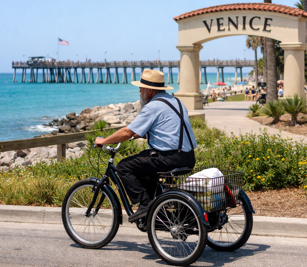 An elderly man rides a tricycle along a coastal path with the Venice sign in the background, near the beach and pier.