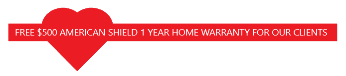 Banner promoting a free $500 American Shield 1-year home warranty for clients, featuring a red heart shape.