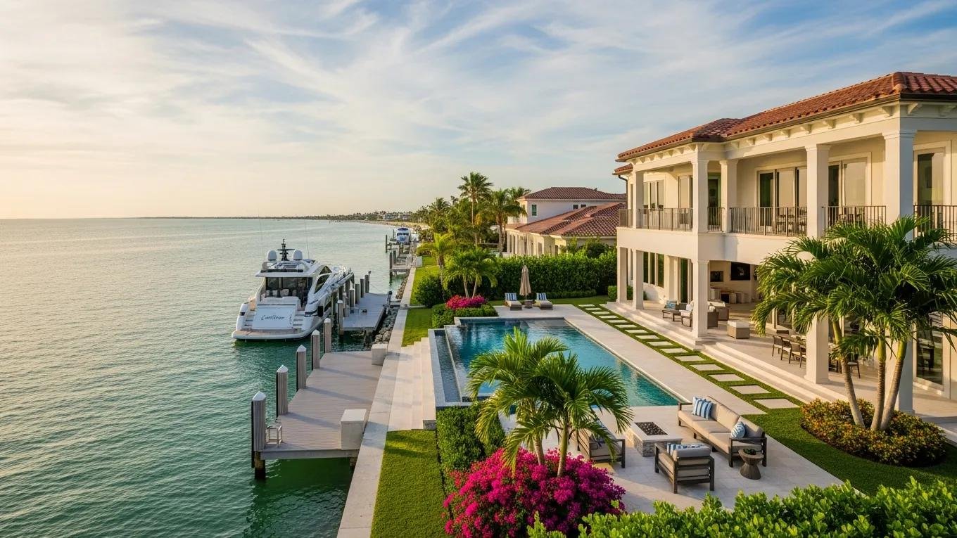 Luxury waterfront property in Venice, FL, featuring a private dock for boats, a swimming pool, and landscaped gardens.