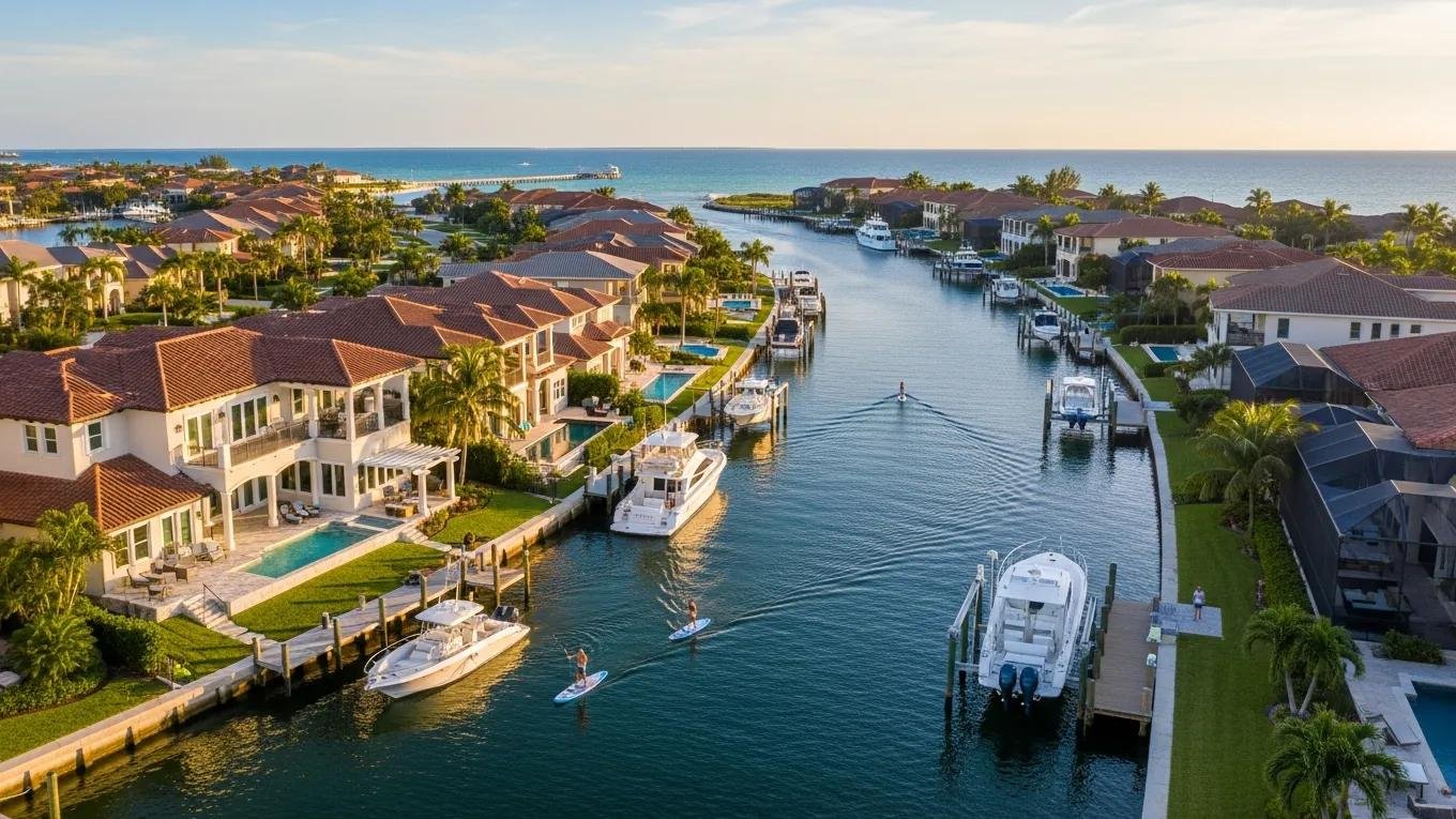 Luxury waterfront homes in Venice, FL, with private docks, recreational boats, and paddleboarders enjoying scenic waterways and coastal views.
