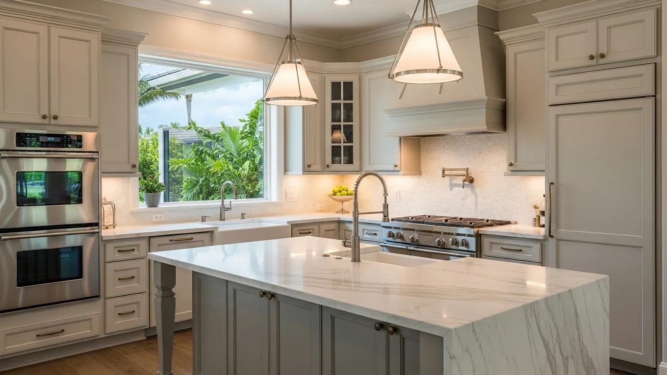 Luxury kitchen featuring high-end appliances, spacious marble island, and modern cabinetry, surrounded by lush greenery visible through large windows, reflecting the premium amenities in Venice, FL real estate.