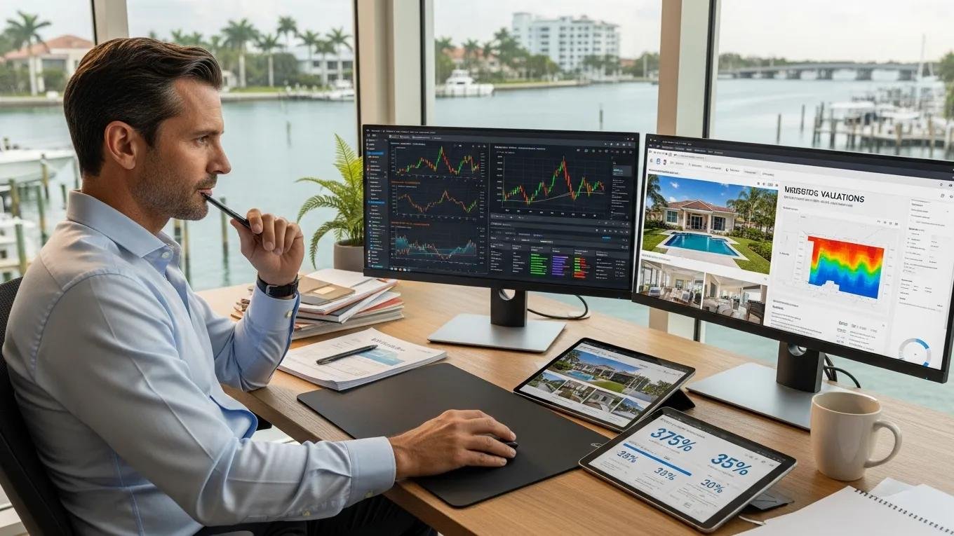 Professional analyzing real estate market data on multiple screens, with waterfront view, emphasizing luxury properties and investment trends in Venice, FL.