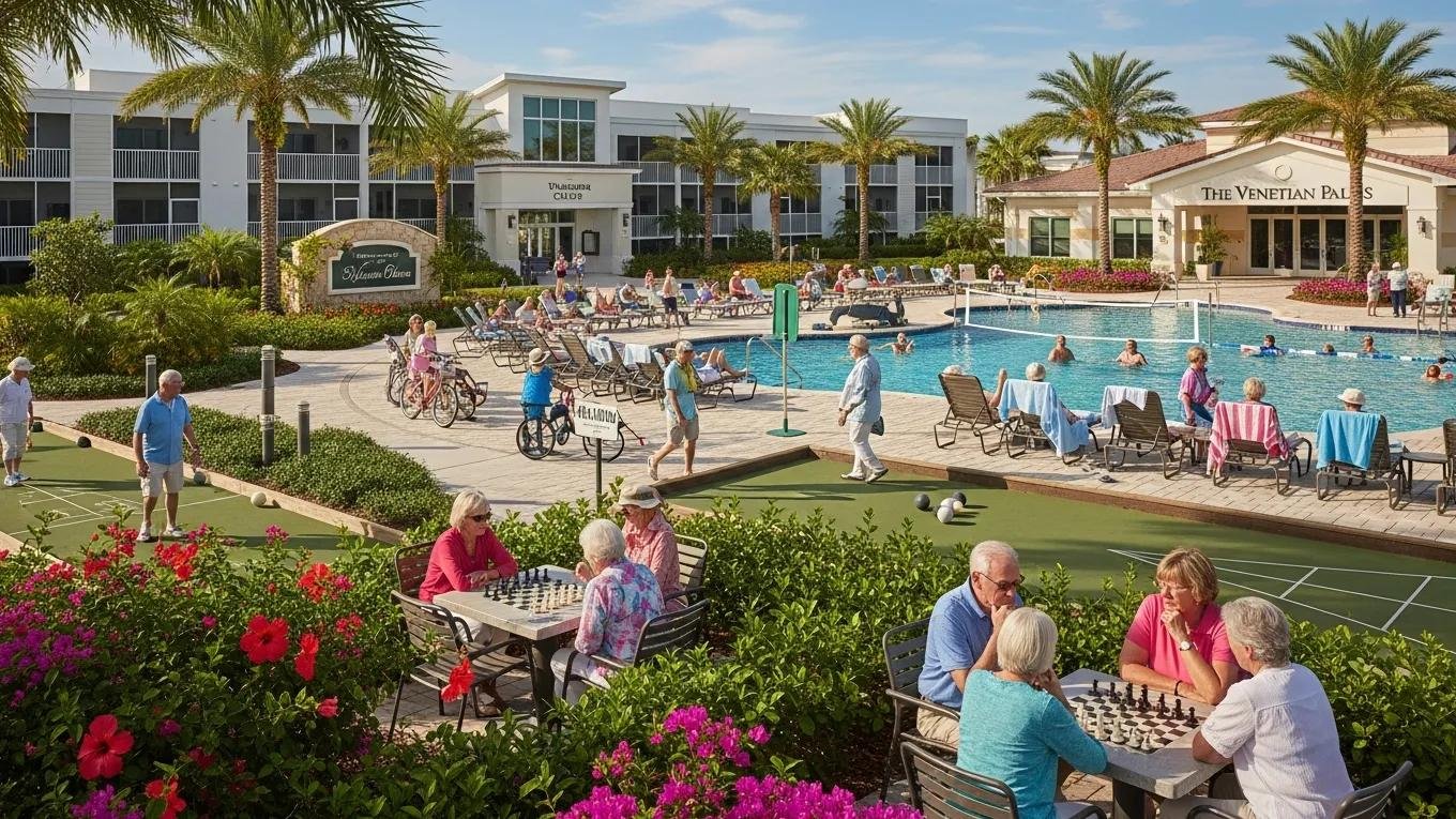 Active retirement community in Venice, FL, featuring residents engaging in leisure activities by the pool, playing chess, and enjoying landscaped surroundings with palm trees and vibrant flowers.