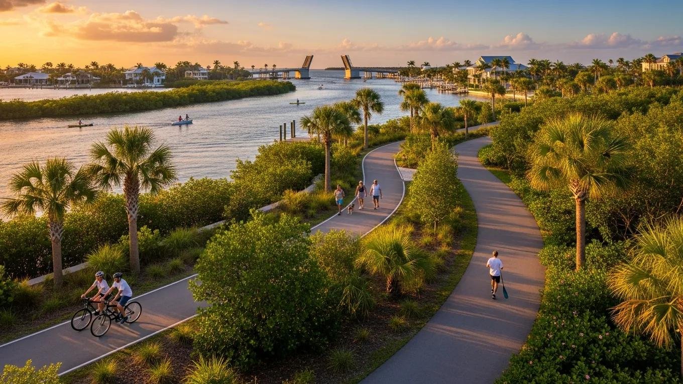 Scenic waterfront park in Venice, FL, featuring biking and walking paths, lush greenery, and sunset views, highlighting outdoor recreation and community lifestyle.