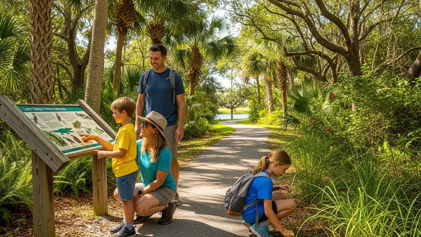 Family engaging with educational signage on Legacy Trail in Venice, Florida, surrounded by lush greenery and palm trees, promoting nature exploration and learning for children.