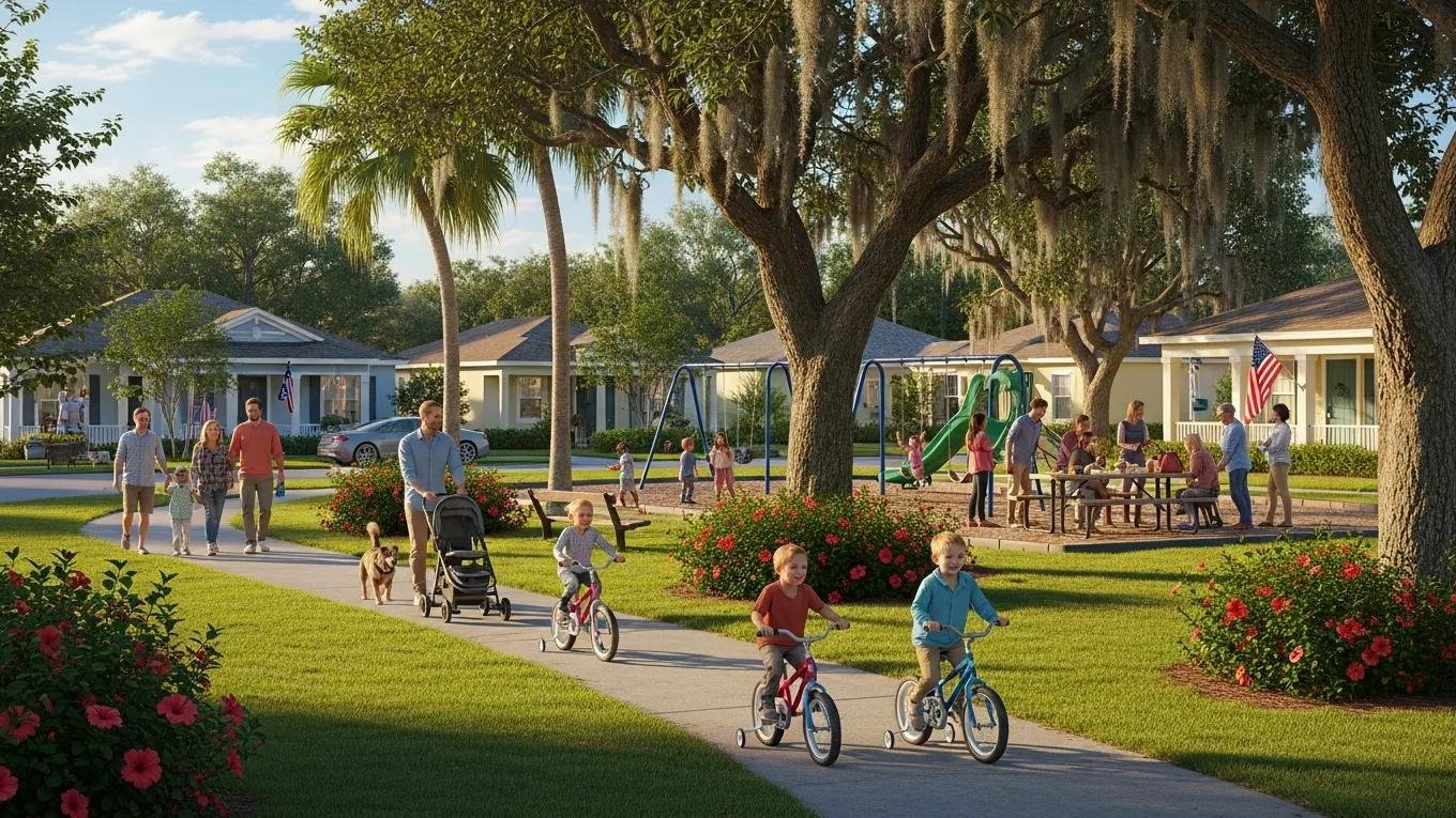 Families enjoying a community park in Venice, FL, with children riding bicycles, adults walking pets, and a gathering at a picnic table, showcasing a family-friendly neighborhood atmosphere.