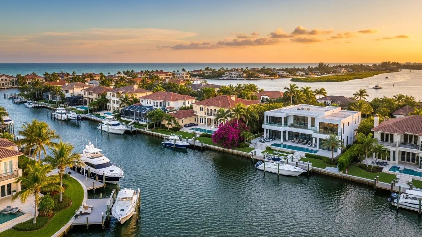 Luxury waterfront homes in Venice, FL with boats docked along a canal, showcasing tropical landscaping and a sunset backdrop, relevant to 2026 housing market trends.
