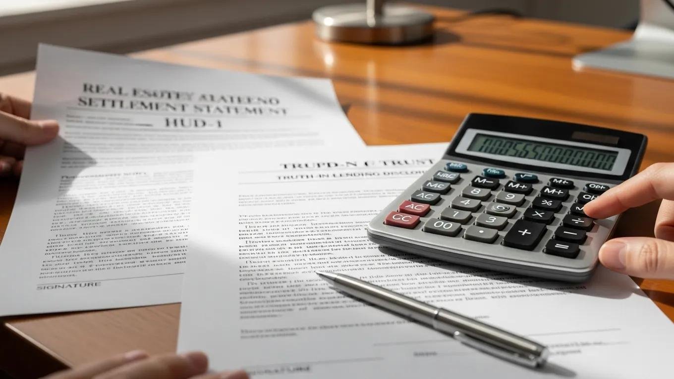 Calculator on a wooden table with real estate settlement documents, illustrating closing costs and fees in Venice, FL real estate transactions.
