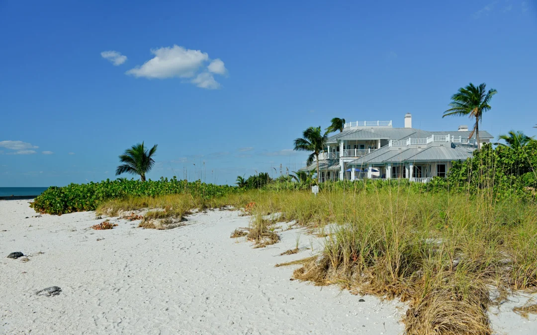 Coastal beach scene in Venice, Florida, featuring sandy shore, lush greenery, and a beach house under a clear blue sky.