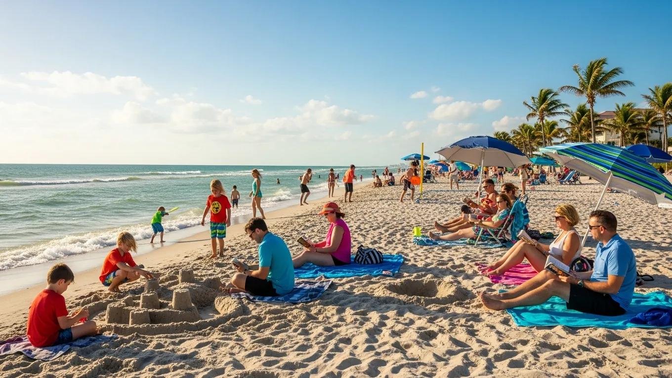 Families enjoying a sunny day at Venice Beach, Florida, with children playing in the sand, parents relaxing under umbrellas, and gentle waves in the background.