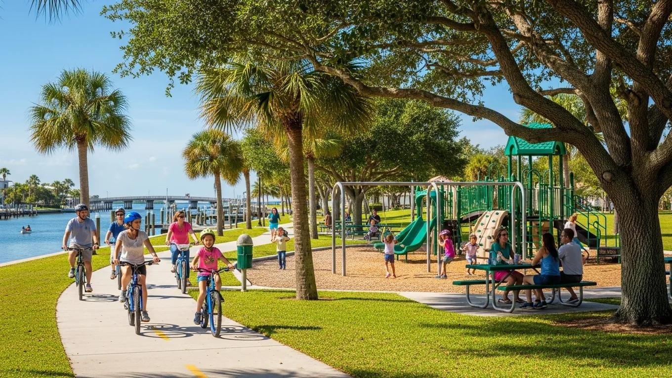 Families enjoying outdoor activities at Venetian Waterway Park, with children playing on a playground, biking along a path, and parents picnicking near the water.