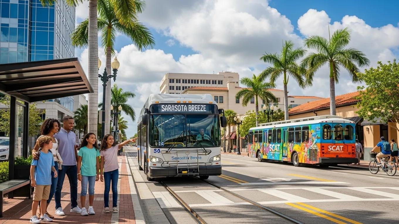 Family waiting at a bus stop in Sarasota, highlighting public transportation options and urban accessibility in the region.
