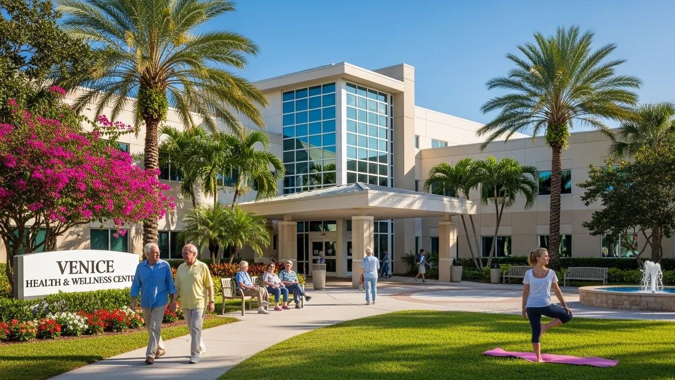 Venice Health & Wellness Center with seniors walking and practicing yoga in a vibrant outdoor setting, emphasizing community health and wellness in Venice, Florida.