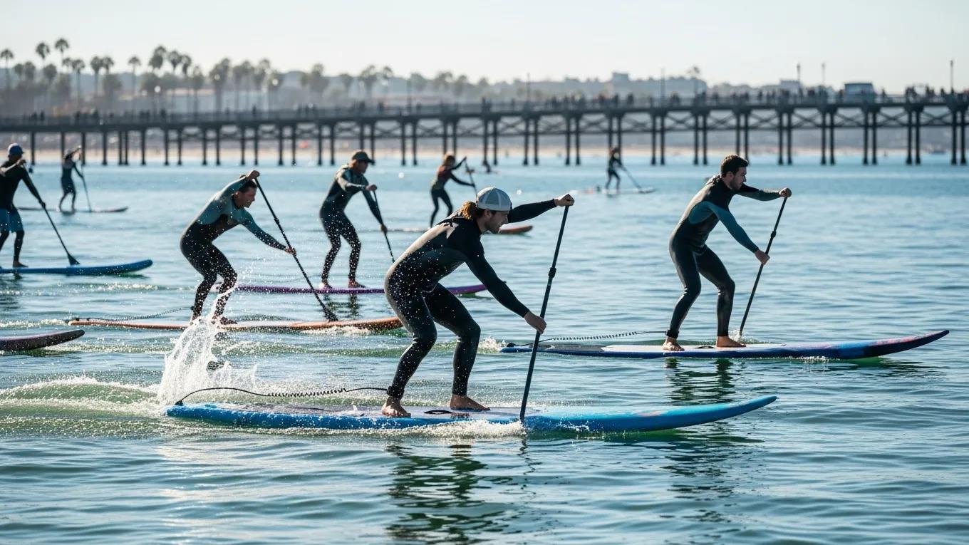Paddleboarders navigating calm waters off Venice Beach, with the pier in the background, showcasing popular water sports activities in Venice, Florida.