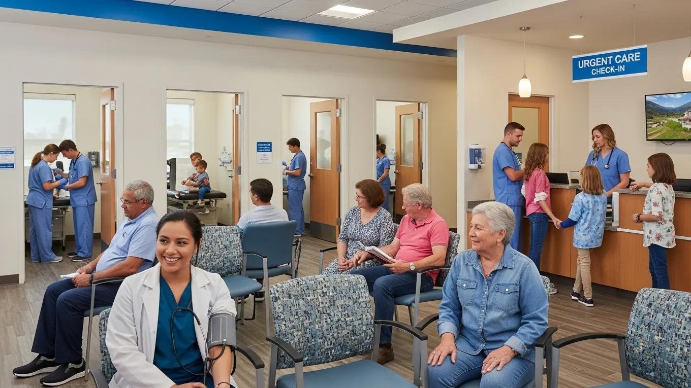 Urgent care center interior in Venice, Florida, featuring patients and healthcare professionals, illustrating accessible healthcare services for residents.