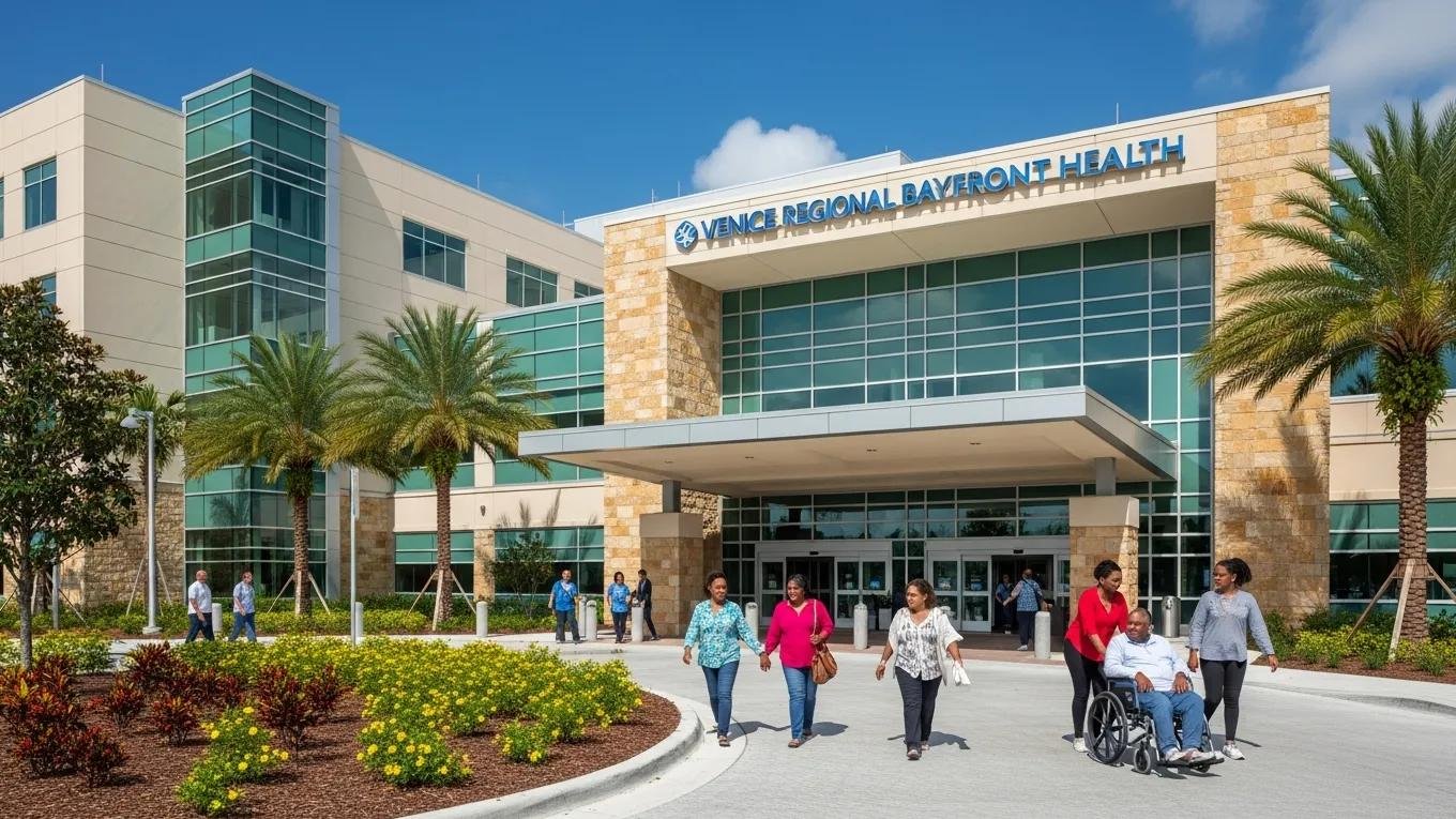 Venice Regional Bayfront Health hospital exterior with people walking, showcasing quality healthcare services in Venice, Florida.