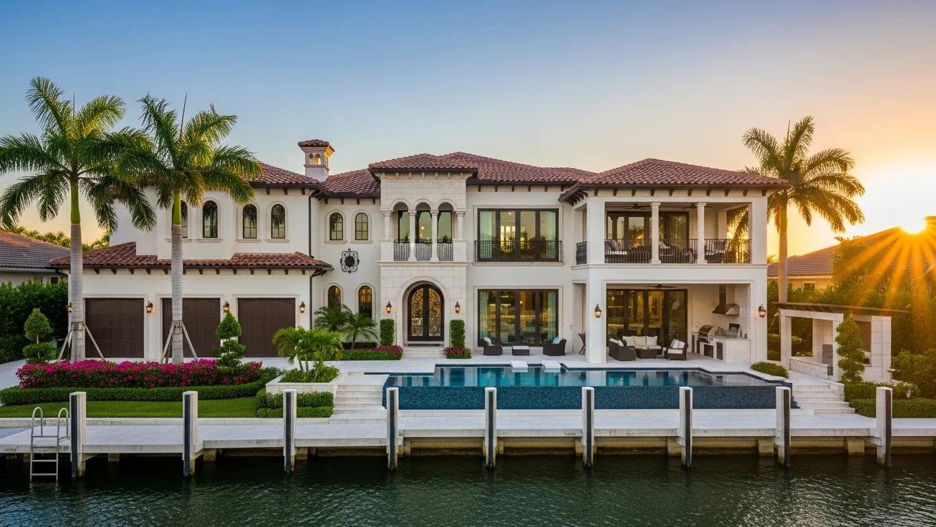 Luxury waterfront home in Venice, Florida, featuring a pool, palm trees, and elegant architecture, representing options for luxury home financing.