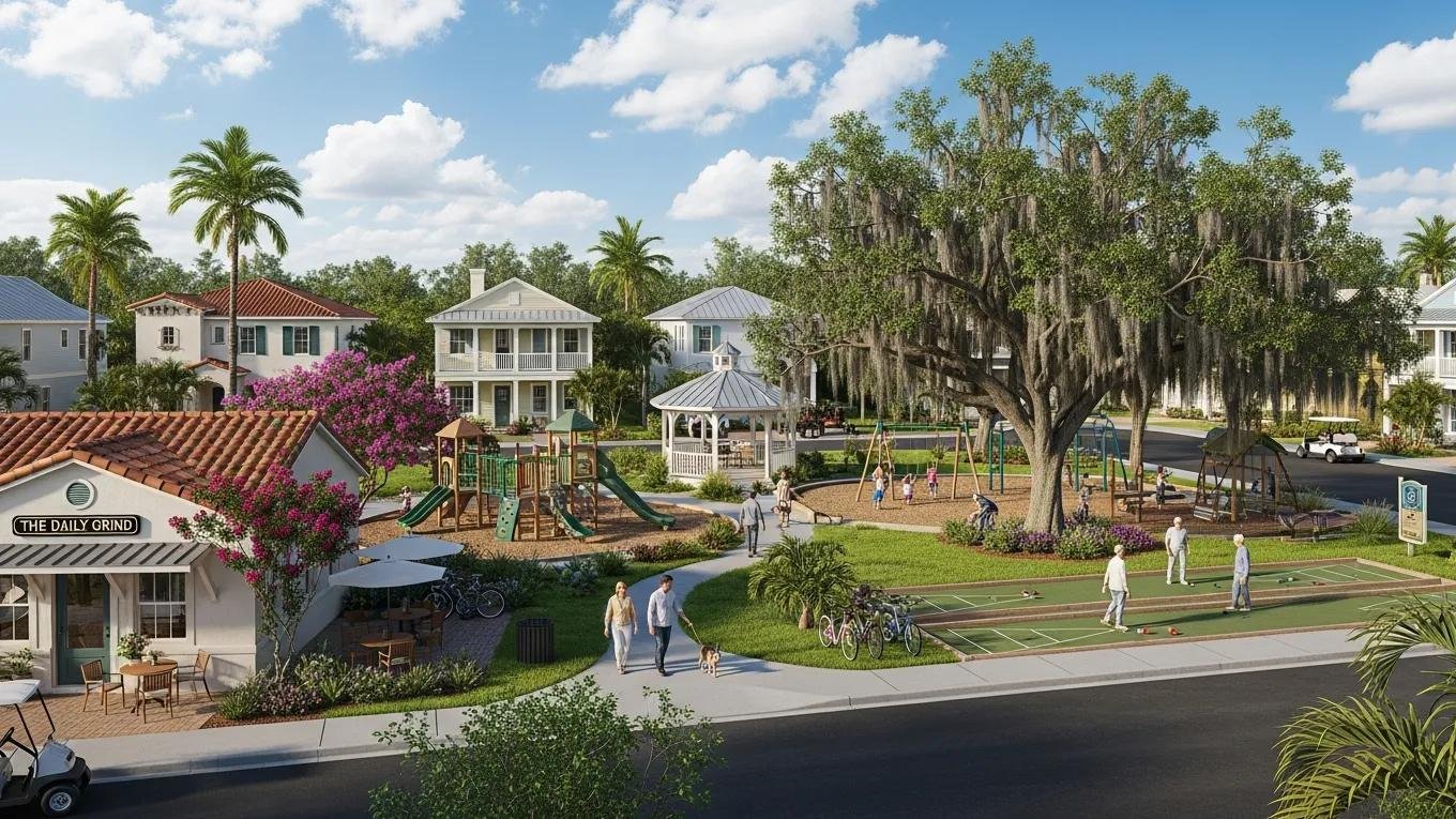 Community park in Venice, Florida featuring playground, gazebo, and residents enjoying outdoor activities, highlighting family-friendly neighborhood amenities.