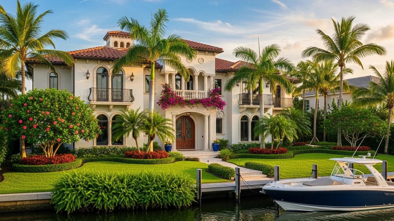 Elegant luxury home in Venice, Florida with tropical landscaping and classic architecture
